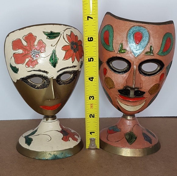 Brass Enameled Mask Statues, 2 Piece Set - Picture 2 of 8